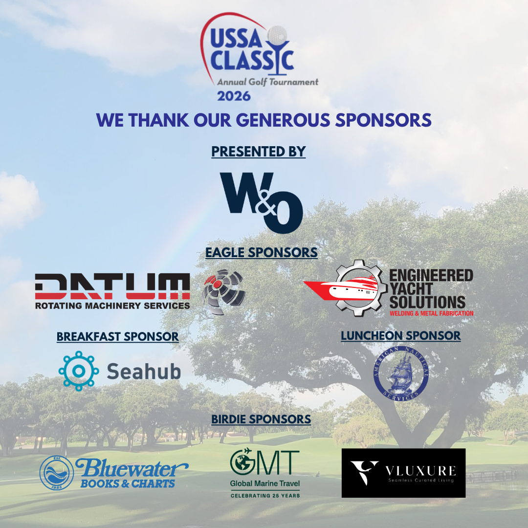 2026 USSA Golf Classic sponsor graphic: presented by W&O, Eagle sponsors Datum and Engineered Yacht Solutions, Breakfast sponsor Seahub, Luncheon sponsor American Nautical Services, and Birdie sponsors Bluewater, Global Marine Travel and VLUXURE